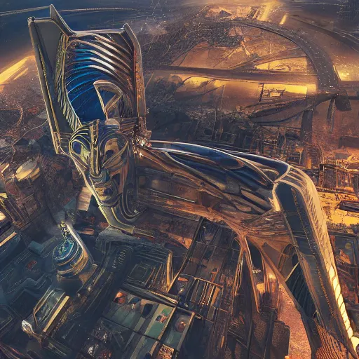 Prompt: an aerial scene of the beautiful intricate epic futuristic cybernetic sphinx in a cyberpunk pharaoh city, hyper detailed, cinematic lighting