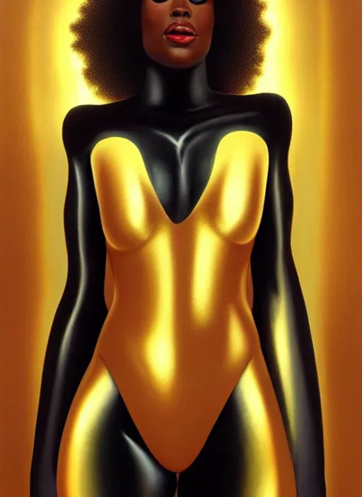 Image similar to a gorgeous black woman oil painting, soft lighting, wearing shiny gold catsuit, illuminated only by floating, glowing alien symbols, realistic, smooth face, perfect eyes, wide angle, sharp focus on eyes, 8 k high definition, insanely detailed, intricate, elegant, art by artgerm, livia prima and wlop