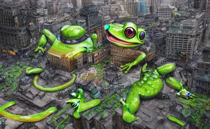 Image similar to kawaii frog destroying city, highly detailed, extremely high quality, hd, 4 k, 8 k, professional photographer, 4 0 mp, lifelike, top - rated, award winning, cinematic, realistic, detailed lighting, detailed shadows, sharp, no blur, edited, corrected, trending