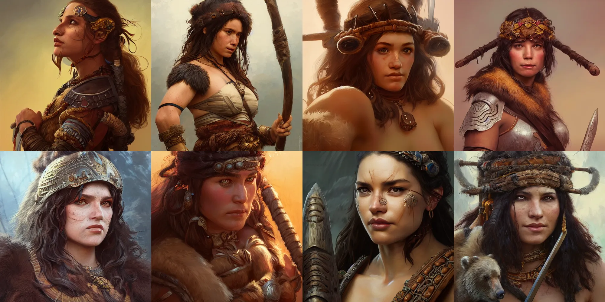 Prompt: portrait of a barbarian woman, bear tribe, upper body, D&D, fantasy, intricate, cinematic lighting, highly detailed, digital painting, artstation, concept art, smooth, sharp focus, 8k, illustration, art by Artgerm and Greg Rutkowski and Alphonse Mucha