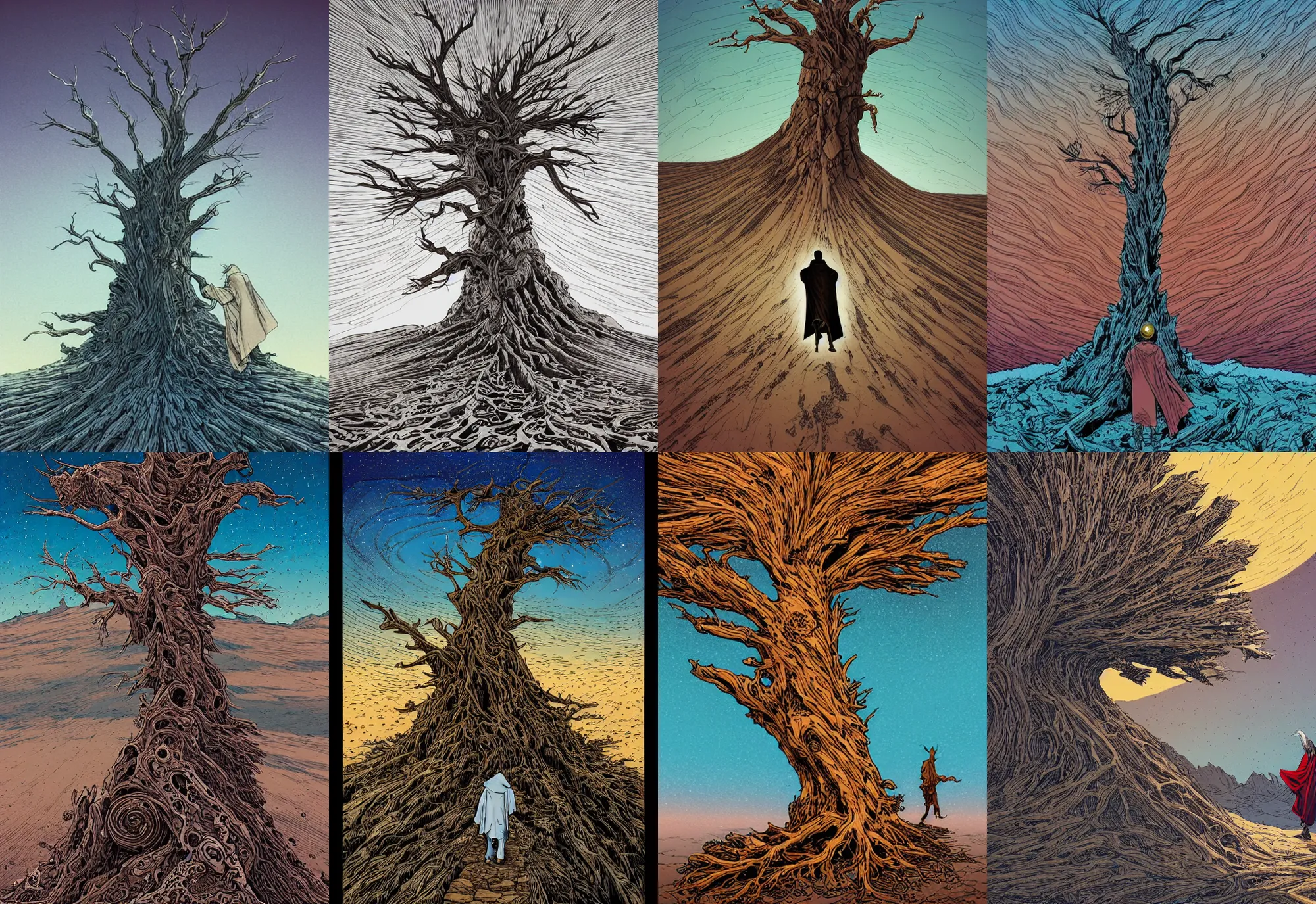 Prompt: a man in a cloak walking on a desertic and crackled landscape, 1 old dead tree, art by aaron horkey and moebius, high details, contrasted colors, cinematic, cgsociety 8 k