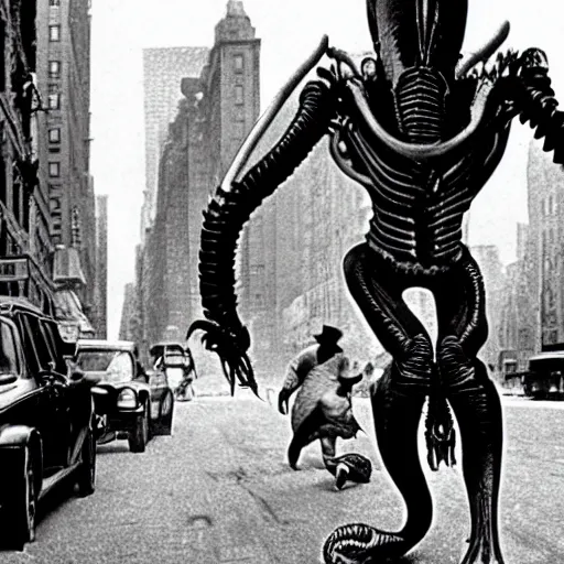 Image similar to old black and white photo, 1 9 1 3, depicting a xenomorph from the movie aliens rampaging through the bustling streets of new york city, historical record