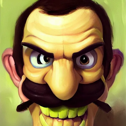 Prompt: portrait painting waluigi, silly, angry, rolling his eyes, painted by greg rutkowski,