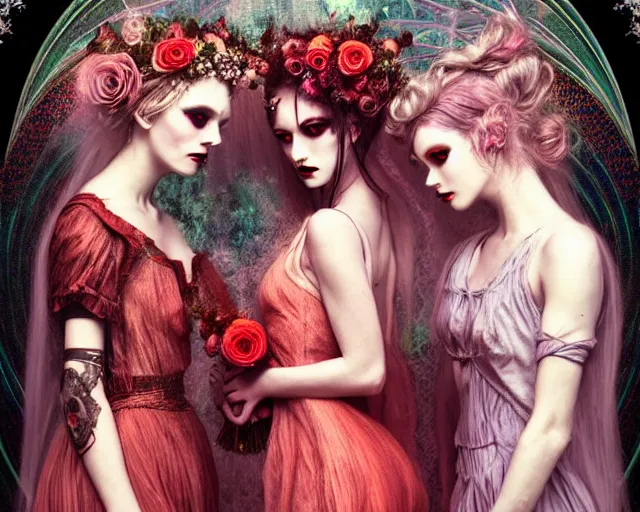 Prompt: three stunning otherworldly gothic goddesses with beautiful angelic faces, wearing psychedelic wicca, in wedding dresses, red neon roses, full body, dark and mysterious, atmospheric, ominous, eerie, cinematic light, epic, 8 k 3 d, ultra detail, ultra realistic, by wlop, by mucha