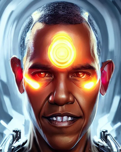 Image similar to portrait of cyborg barack obama, fantasy, intricate, elegant, highly detailed, digital painting, artstation, concept art, smooth, sharp focus, illustration, by artgerm and greg rutkowski