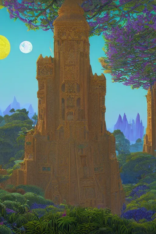 Image similar to distance view of the painted tower of the moon in its gardens fairytale illustration, tall windows, beautiful moorish tiles, dramatic cinematic lighting, rich colors, golden age illustration, by Sylvain Sarrailh and Nicholas Roerich and jean delville and Tyler Edlin and William Dyce and April Gornik ,unreal engine