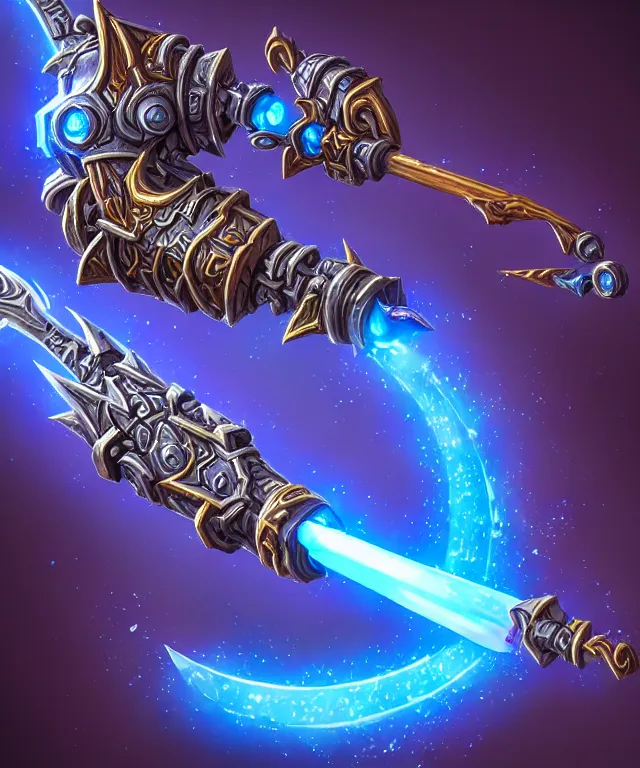 Image similar to bright weapon of warcraft blizzard weapon art, a spiral magic staff, bokeh. bright art masterpiece artstation. 8k, sharp high quality illustration in style of Jose Daniel Cabrera Pena and Leonid Kozienko, blue colored theme, concept art by Tooth Wu,