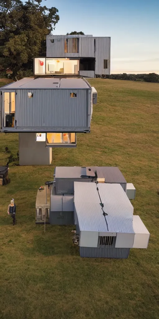 Prompt: a mechanical highly detailed shipping container converted to a modern house with drone propellers on top of the house the entire thing is hovering shown from a distance over a field centered perfect symmetry cinematic lighting