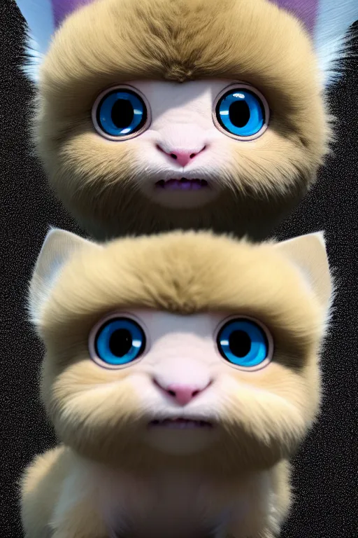 Image similar to high quality 3 d render hyperrealist very cute multipastel fluffy! one - eye cat tarsier hybrid with detailed fluffy wings!!, vray smooth, in the style of detective pikachu, hannah yata charlie immer, dramatic blue light, low angle, uhd 8 k, sharp focus