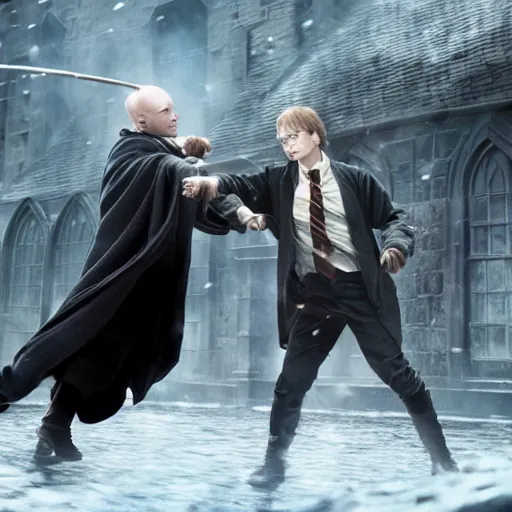 Prompt: harry potter fighting a voldemort 4k epic scene