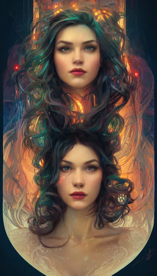 Image similar to perfect portrait of the most beautiful woman ever lived, neon, fibonacci, sweat drops, insane, pinup, intricate, highly detailed, digital painting, artstation, concept art, smooth, sharp focus, illustration, Unreal Engine 5, 8K, art by artgerm and greg rutkowski and alphonse mucha