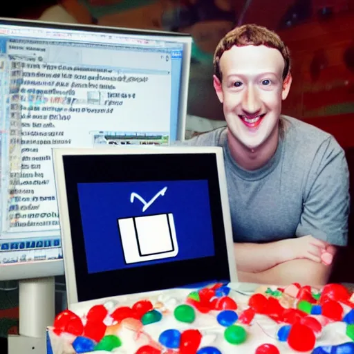 Image similar to mark zuckerberg is inside a computer monitor, wishing handsome bearded man happy birthday, confetti, cake, balloons, the words happy birthday wilson