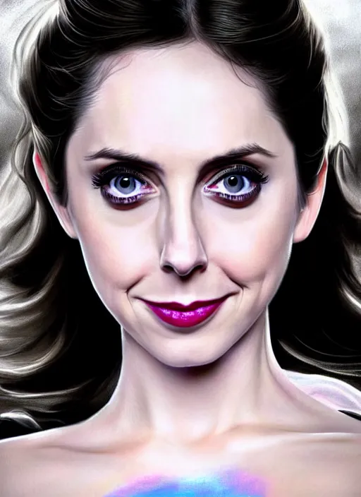 Image similar to evil Alison Brie in her best gala clothes staring in amusement at you. soft detailed painting at 16K resolution and amazingly epic visuals. epically beautiful image. amazing effect, image looks gorgeously crisp as far as it's visual fidelity goes, absolutely outstanding. vivid clarity. ultra detail. iridescent. mind-breaking. mega-beautiful pencil shadowing. beautiful face. Ultra High Definition. soft shading. soft texture. intensely beautiful.