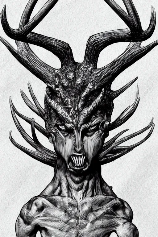 Image similar to humanoid figure monster with antlers, highly detailed, digital art, sharp focus, trending on art station, kentaro miura manga art style