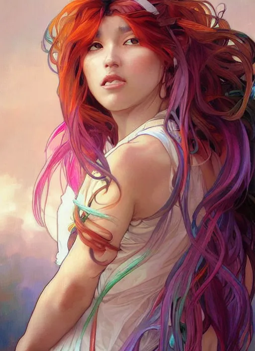 Image similar to a young woman with beautiful rainbow hair. she looks very angry. beautiful painting by artgerm and greg rutkowski and alphonse mucha