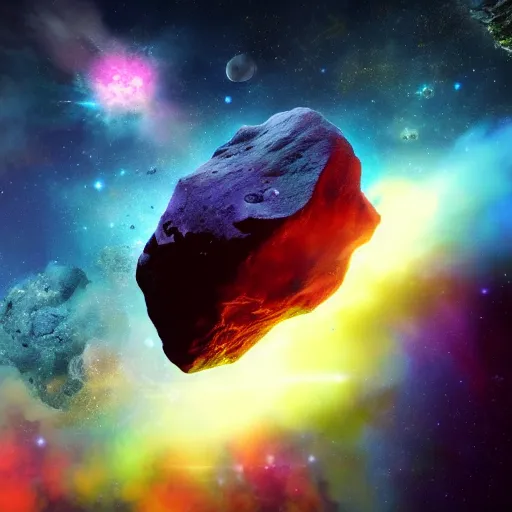 Prompt: a colorful spaceship asteroid mining with a nebula in the background