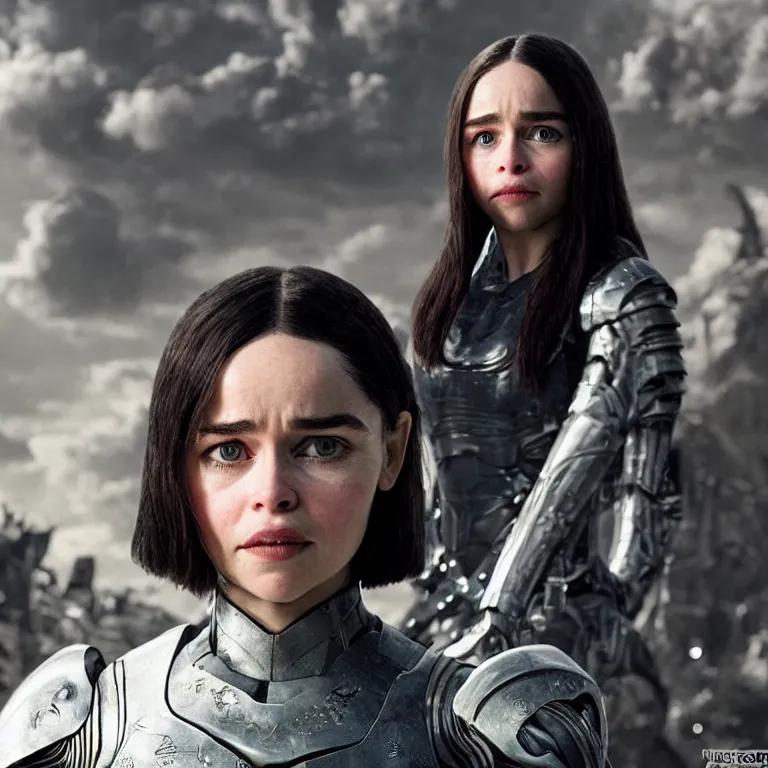 Image similar to scifi emilia clarke looks like alita battle angel, big eyes, smiling face, extremely high detail, extremely high detailed face, cyborg, photorealism, emilia clarke, sony a 7 r