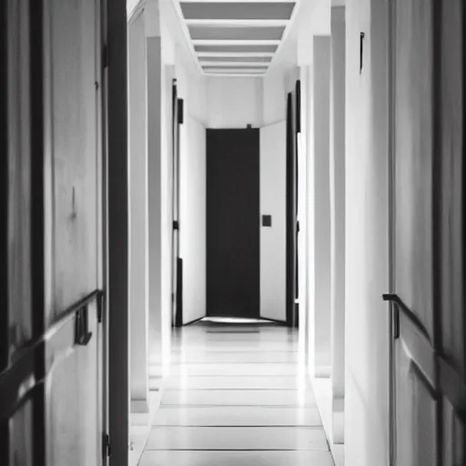 Prompt: a long all white hallway lined with red doors, liminal space,