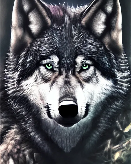 Prompt: realistic paining of a wolf, psychedelic, dark art, facing camera, photo realistic, detailed, 1 4 5 0, delicate, hyper realism, ultra realistic, 8 k