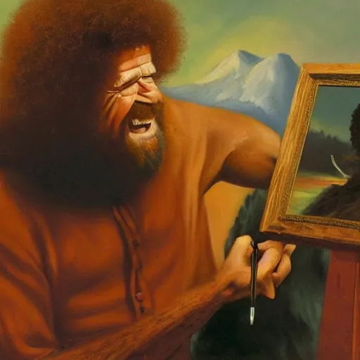 Image similar to oil painting of Bob Ross painting the devil and making him smile and blush