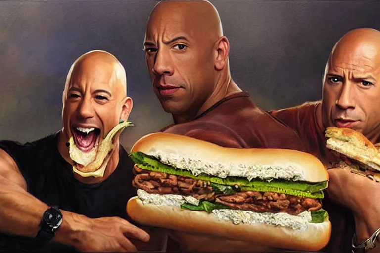 Image similar to portrait of vin diesel and dwayne the rock johnson sharing a footlong sub sandwich, an oil painting by ross tran and thomas kincade