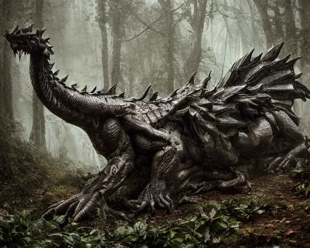 Image similar to An overgrown statue of a dragon in a dark forest, winter, raining, large leaves, epic scale, immaculate lighting, dramatic and cinematic composition, digital art, trending on Artstation, detailed