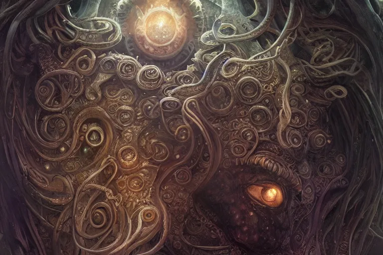 Image similar to a lovecraftian painting of cthulhu face of cosmic horror, cosmic horror elements, ultra realistic, concept art, intricate details, eerie, highly detailed, photorealistic, octane render, 8 k, unreal engine. art by artgerm and greg rutkowski and alphonse mucha