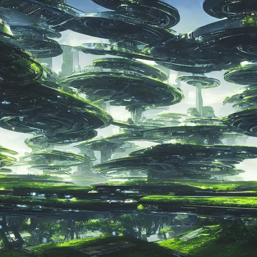 Image similar to beautiful matte painting of green gardens with roads on a futuristic sci-fi space station, cinematic angle, cinematic lighting, blue sky, by Syd Mead, John Harris, Federico Pelat