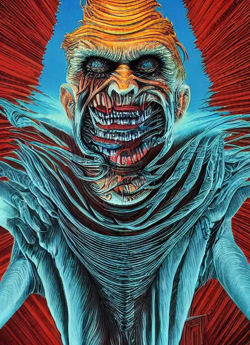 Prompt: donald trump's grotesque true form revealed, horror, high details, intricate details, by vincent di fate, artgerm julie bell beeple, 1 9 8 0 s, inking, vintage 8 0 s print, screen print