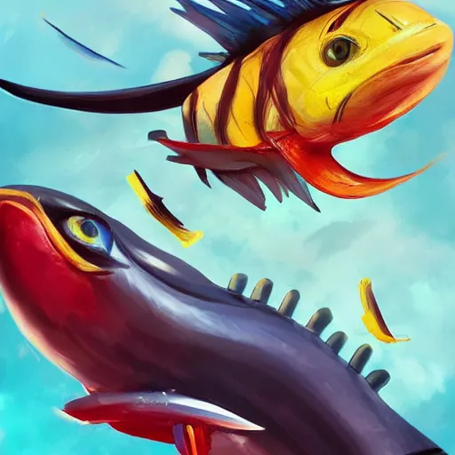 Image similar to a flying banana fish, shocked look, huge eyes, highly detailed, digital painting, artstation, concept art, sharp focus, illustration