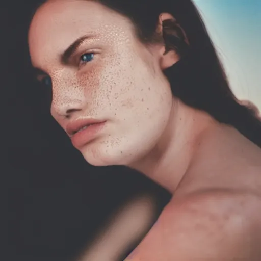 Prompt: close up photo of beautiful woman face light freckles soft light polaroid