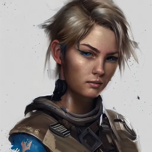 Image similar to tattooed dirty stoic butch heroic emotionless blonde woman kubernetes engineer in tattered dirty flight suit, very short messy hair, highly detailed, digital painting, artstation, concept art, matte, sharp focus, illustration, art by artgerm