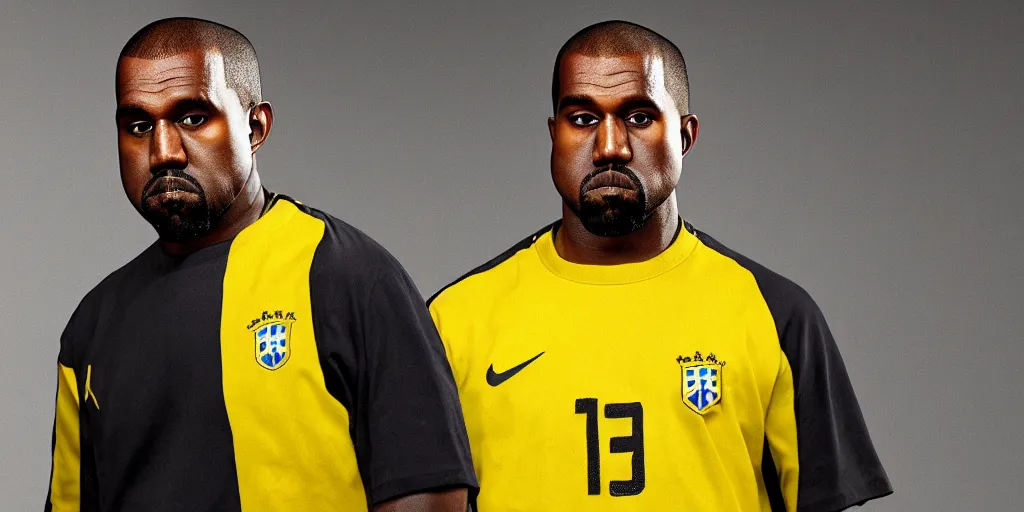 Prompt: Kanye West using a detailed yellow brazilian soccer jersey, realistic, studio portrait, studio light, 4k, 8k