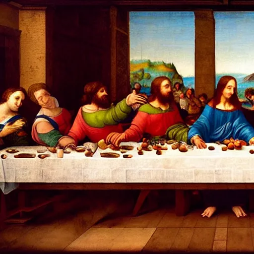 Prompt: A renaissance painting by Leonardo da Vinci that looks like The Last Supper, of a long table, but every character is a baby and the only type of food on the table is milk. There are many bottles of milk on the table. Detailed, realistic, artstation, symmetrical composition