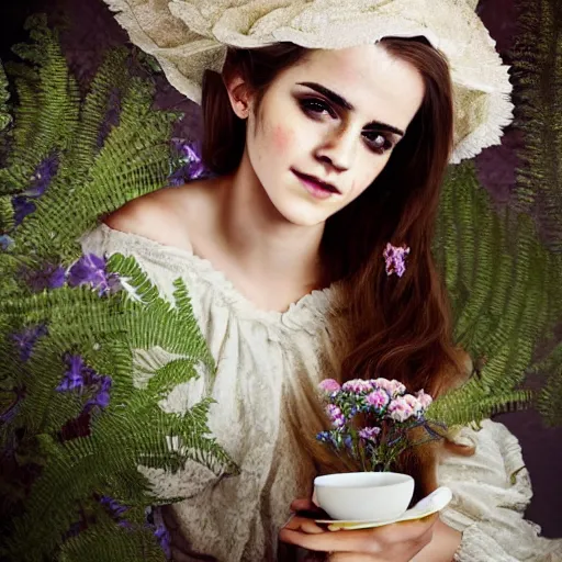 Image similar to on worn out canvas textured canvas wall full body fashion model emma watson smokey eyes makeup eye shadow fantasy, glow, shimmer as victorian woman in a long white frilly lace dress and a large white hat having tea in a sunroom filled with flowers, roses and lush fern flowers ,intricate, night, highly detailed, dramatic lighting , high quality