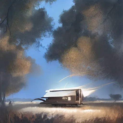 Prompt: an rv under a cottonwood tree, dramatic lighting, illustration by greg rutkowski, yoji shinkawa, 4 k, digital art, concept art, trending on artstation