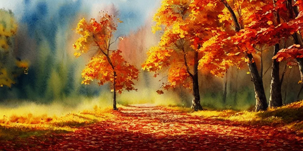 Image similar to autumn nature landscape, watercolor, ultra realistic, highly detailed, hd, sharp focus, cinematic lighting, warm colors, realistic, photorealistic, vivid colors, painting, digital art, non blurry, sharp, artstation, smooth, illustration