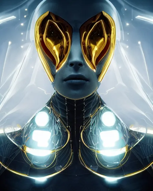 Image similar to detailed portrait of a beautyful cyber noun, necromancer, benevolent, scifi, futuristic, elegant cape, year 2 1 0 0, elegant, alien room background, white, blue, gold, trending on artstation, so - s 1 4 8 ft light, holy machine, advanced technology, art by vitaly bulgarov and nivanh chanthara