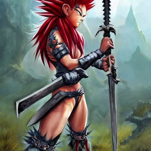 Prompt: realistic art style, saiyan girl, wild spiky red hair, long spiky hair, electrified hair, holding scimitar made of bone, scimitar, sword, jagged sword, curved sword, orkish sword, colorized, gray skin, hyper - detailed, primeval fantasy, prehistoric fantasy, drawn by frank frazetta