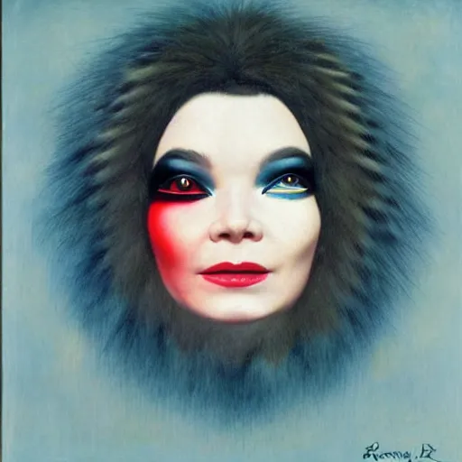 Image similar to very detailed portrait of bjork wearing dramatic makeup. painted by rene magritte, 1 9 2 7. oil on canvas.