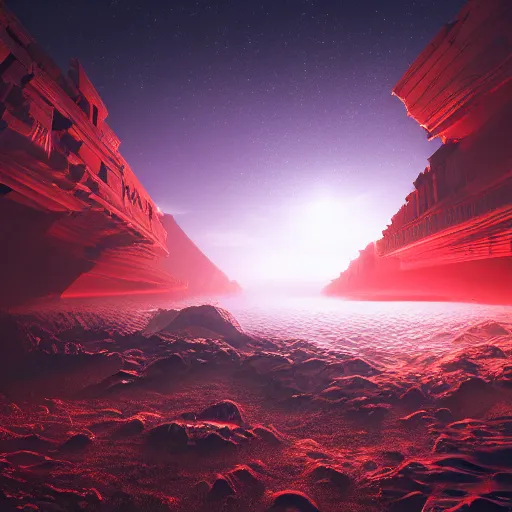 Prompt: red coast in the three problem, movie scene designed, concept art, digital art, nighttime, futuristic, volumetric lighting, view from below, vivid colours, nighttime, godrays, cinematic, high detail - 1 0 2 4