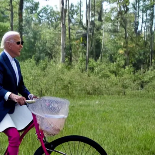 Image similar to joe biden wearing a tutu, riding a bike in the forest