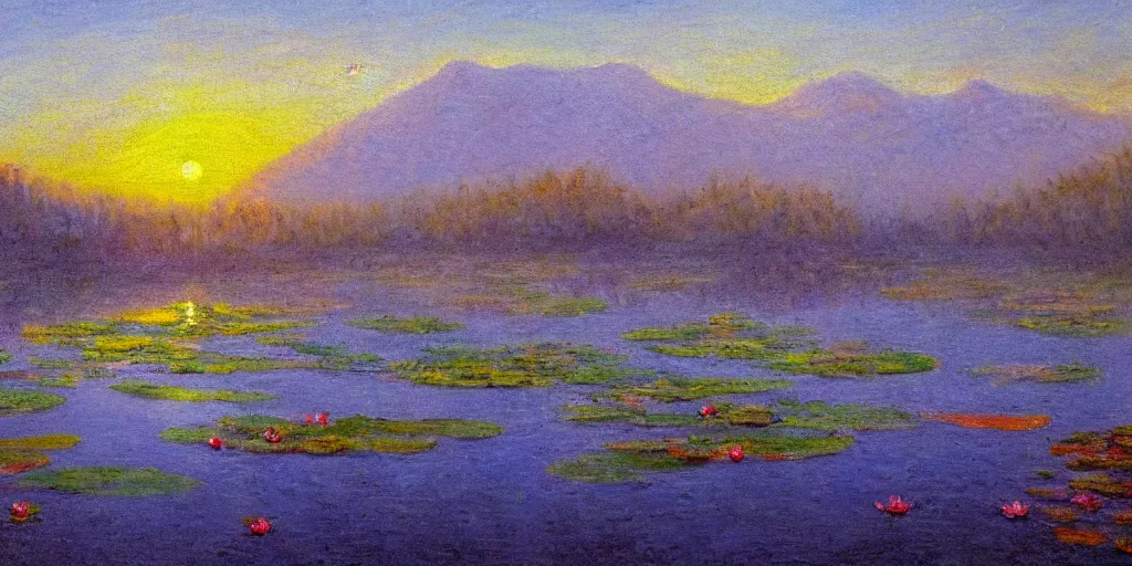 Image similar to impressionism painting of a pond of water lily on a foggy morning, sun low on horizon through snow capped mountains, soft light, misty