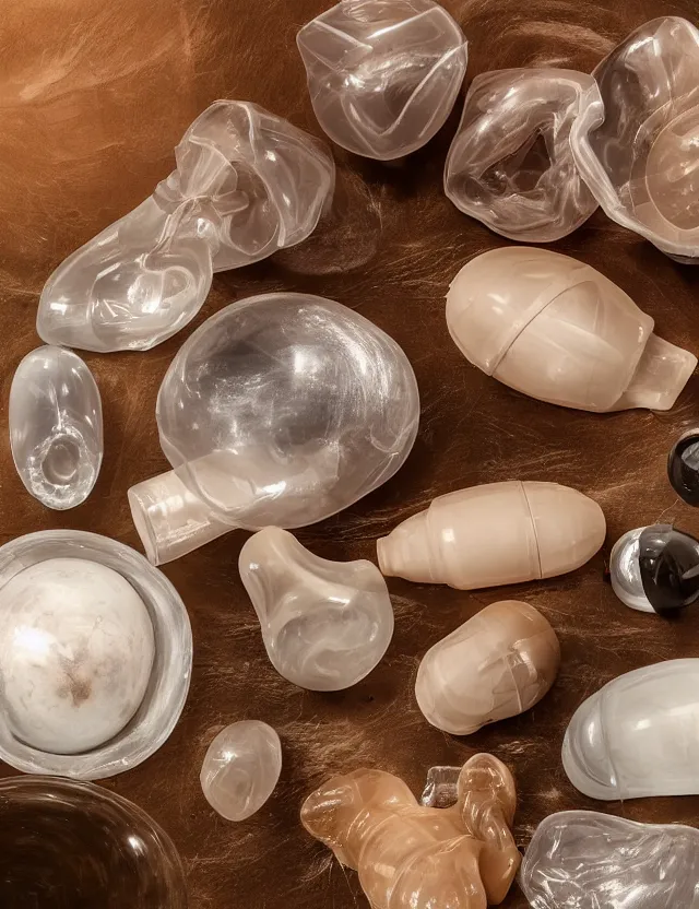 Prompt: a well - lit studio photograph of various earth - toned plastic toys floating in a kidney - shaped bowl of water, some wrinkled, some long, various sizes, textures, and transparencies, beautiful, smooth, detailed, inticate