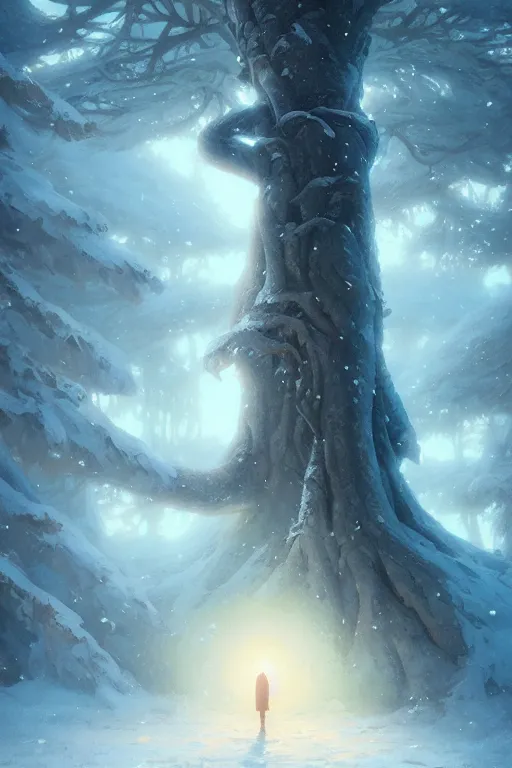 Prompt: giant tree in snow, unreal engine, fantasy art by greg rutkowski, loish, rhads, ferdinand knab, makoto shinkai and lois van baarle, ilya kuvshinov, rossdraws, tom bagshaw, global illumination, radiant light, detailed and intricate environment