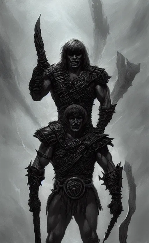 Prompt: uncut full body he - man, dark and mysterious and eerie and ominous character, cinematic, epic, highly detailed, intricate, illustration, artwork by marcus whinney and greg rutkowski