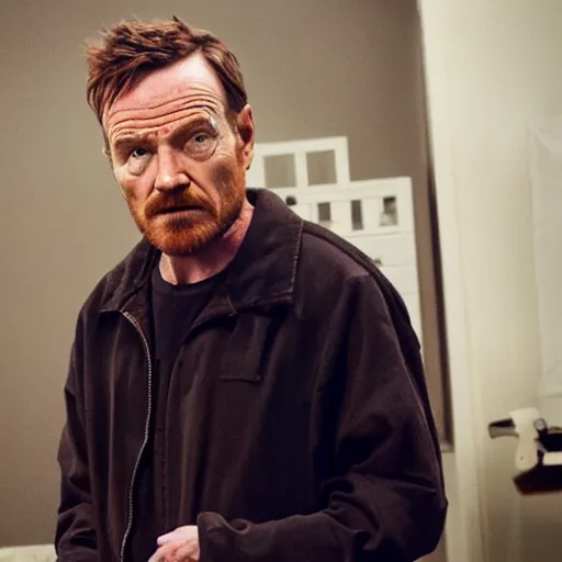 Image similar to Live Action Still of Bryan Cranston dressed as Jesse Pinkman, real life, hyperrealistic, ultra realistic, realistic, highly detailed, epic, HD quality, 8k resolution, body and headshot, film still