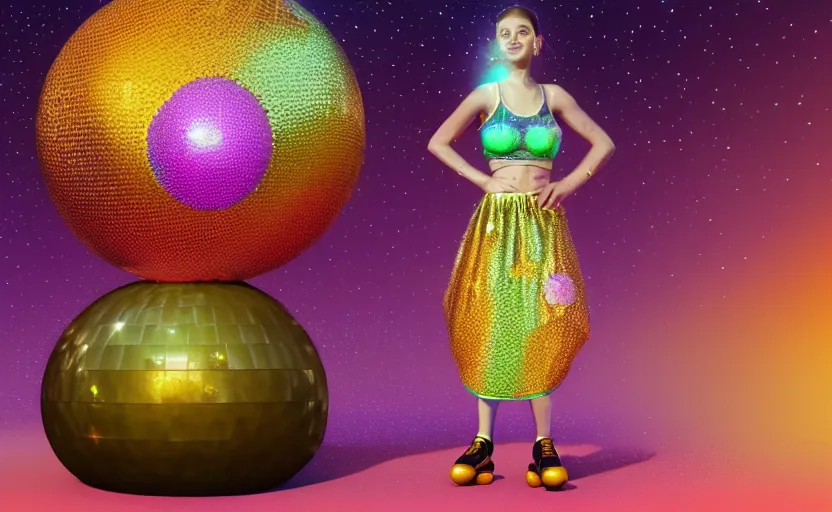 Image similar to Ultradetailed, hyperrealistic, a vintage roller skating diva wearing a disco ball skirt mirror tanktop with a disco ball afro in a psychedelic cosmic roller rink in the clouds, by Vladimir kush, by josip csoor, by roger dean, rendered in octane, volumetric lighting, retro color scheme, trending on artstation -20