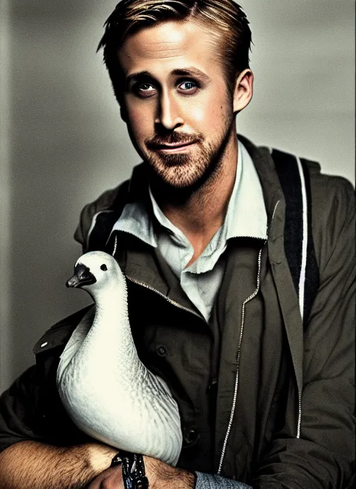 Image similar to ryan gosling fused with a goose, human arms, natural light, bloom, detailed face, magazine, press, photo, steve mccurry, david lazar, canon, nikon, focus