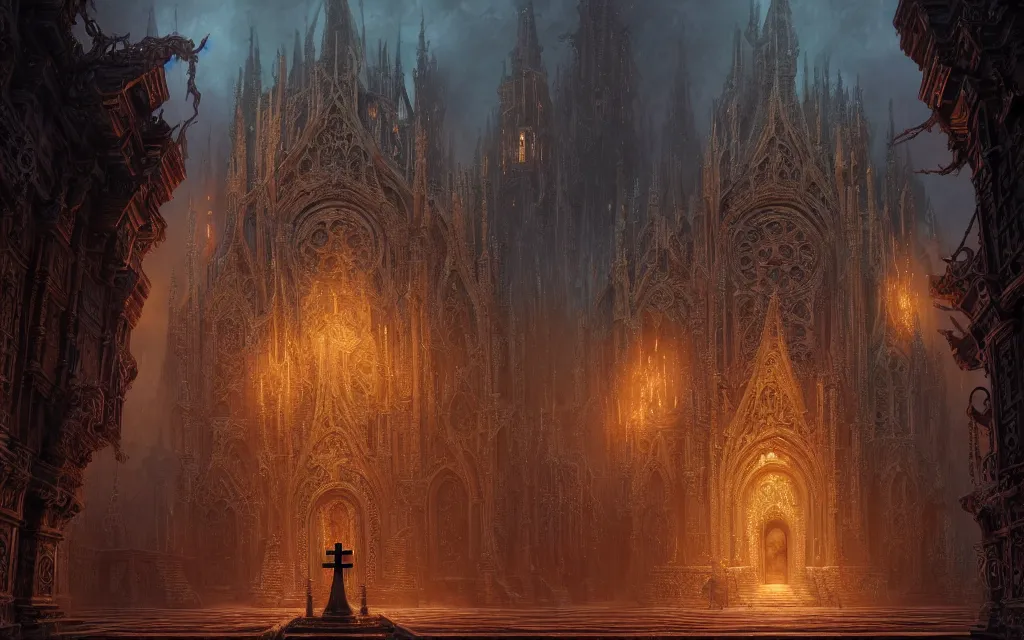 Image similar to center view of an extremely detailed render of hooded necromancer in front of a lovecraft church portal, intricate architecture, baroque detailed, unreal engine realistic render, 8 k, micro detail, design by android jones and greg rutkowski, gaston bussiere, craig mullins, synthwave color scheme, cinematic lighting, trending on artstation, vivid colors
